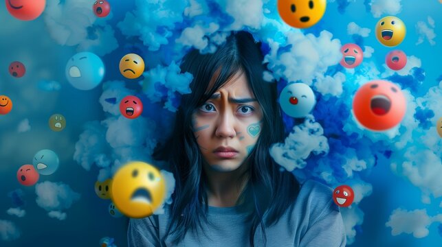 An image of a bored woman staring at her phone, surrounded by a chaotic cloud of reactions, emojis, and notifications, highlighting social media addiction.