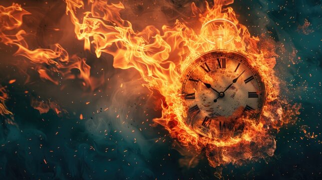 A surreal portrayal of time with a clock exploding and engulfed in flames
