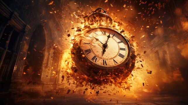 A surreal portrayal of time with a clock exploding and engulfed in flames