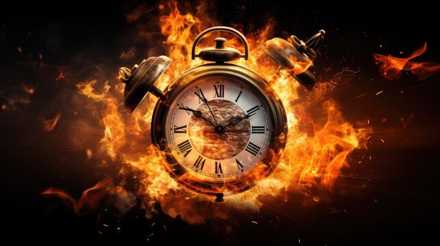 A surreal portrayal of time with a clock exploding and engulfed in flames
