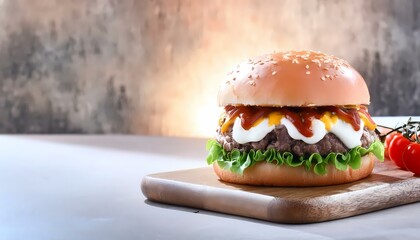 fresh hamburger with cheese, tomato, lettuce, onion and spices. fast food concept.