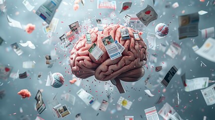 Depict a human brain overwhelmed by swirling news articles, social media notifications, and multimedia, creating a chaotic, maximalist scene.