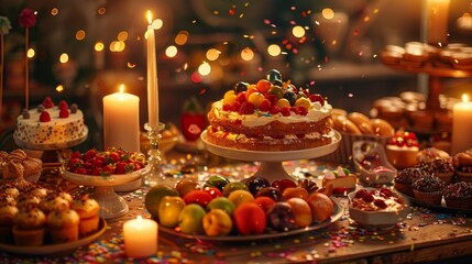 Fototapeta premium Birthday cake with candles on table with various pastries and fruits