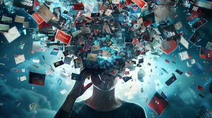 Depict a person with their mind being invaded by an avalanche of media content, from tweets and posts to breaking news, in a visually chaotic manner.