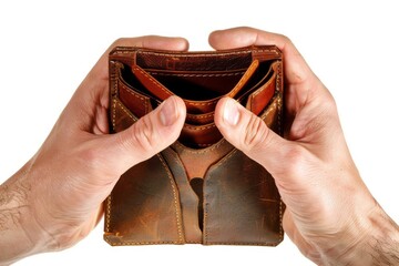 Close-up of two hands holding an empty brown leather wallet, symbolizing financial issues or lack of money.