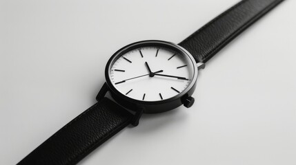 Close-up of a minimalist black and white wristwatch with a leather strap, highlighting its sleek design on a light background.
