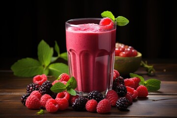 A refreshing raspberry and blackberry smoothie garnished with mint, a drink ideal for summer days and health