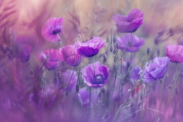 Purple poppy blossoms in a field