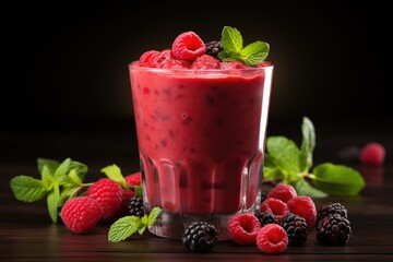 A refreshing raspberry and blackberry smoothie garnished with mint, a drink ideal for summer days and health