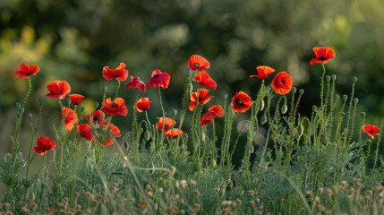 Field of red poppies and green wheat