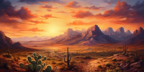 Wild West Texas desert landscape with sunset with mountains and cacti.