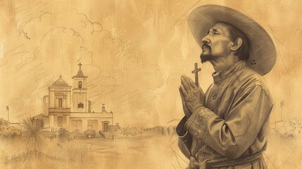 Devoted Saint Juan Diego praying with a cross, serene church background, holy atmosphere, beige background, Biblical Illustration, copyspace