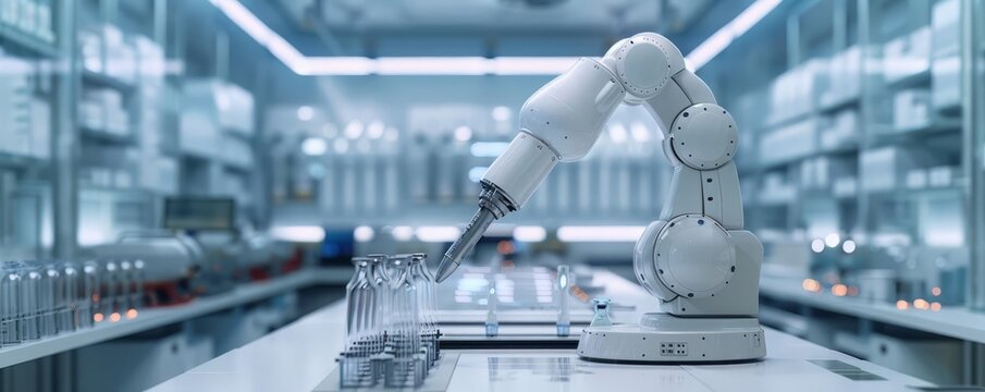 An automated medical laboratory conducting tests with robotic precision, sterile and advanced, white and blue tones, 3D render