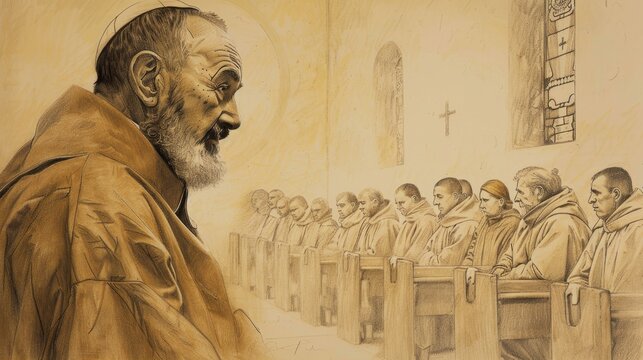 Saint Padre Pio hearing confessions, spiritual advisor, calm and compassionate, tranquil church, beige background, Biblical Illustration, copyspace