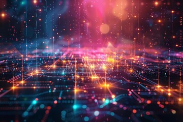 Fototapeta premium API ecosystem connecting various applications, intricate digital web, glowing data streams, vibrant colors, abstract technology art, Cyberpunk style