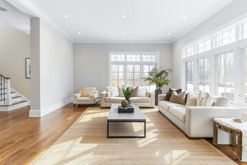 Fototapeta premium Minimalist living room interiors in neutral tones and natural lighting.