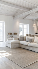 Minimalist living room interiors in neutral tones and natural lighting.