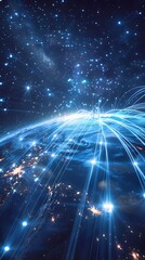 Obraz premium Futuristic Network Visualization with Bright Fiber Optic Cables Curling Around the Glowing Earth Symbolizing Global Technological Reach and