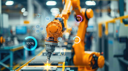 An advanced robotic arm operates in a modern smart factory, with data analytics and performance metrics overlayed, illustrating industrial automation.