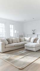 Fototapeta premium Minimalist living room interiors in neutral tones and natural lighting.