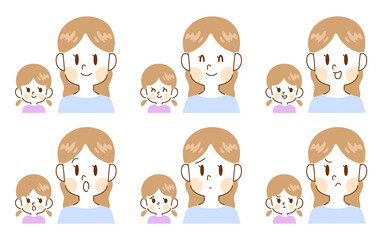 親子の母親と女の子の表情６点セット