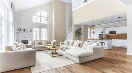 Fototapeta premium Minimalist living room interiors in neutral tones and natural lighting.