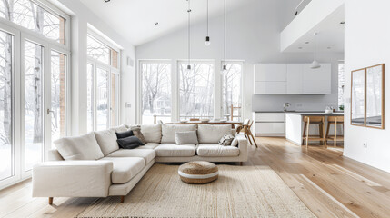 Minimalist living room interiors in neutral tones and natural lighting.