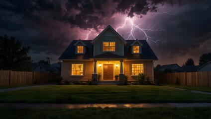 The surreal charm of colorful lightning striking a house exterior, creating an electrifying display of vivid colors against the darkness ai_generated