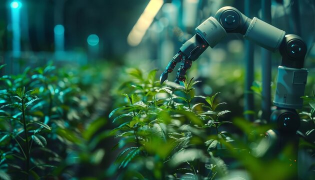 Artificial intelligence in agriculture, robotic arms, digital sensors, futuristic greenhouse, holographic data, realistic illustration, green and blue tones, high resolution