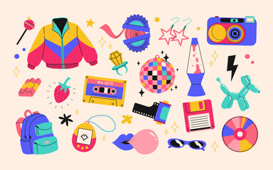 Classic 80s back to 90s elements in modern flat style. Hand drawn sticker set, vector illustration. Fashion patch, badge, emblem with vintage accessories.