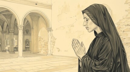 Naklejka premium Eustochium the Devout, Praying in Convent Chapel, Biblical Illustration, Beige Background, Copyspace