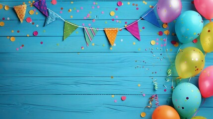 Birthday party background with colorful decoration. Decoration birthday flag hanging on blue wooden background. Birthday Balloons and conflict's around the decoration flag.