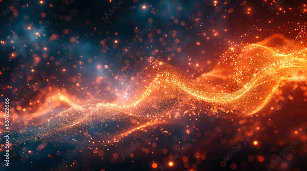 Poster an abstract yellow wave background with glowing particles and lines. futuristic waves