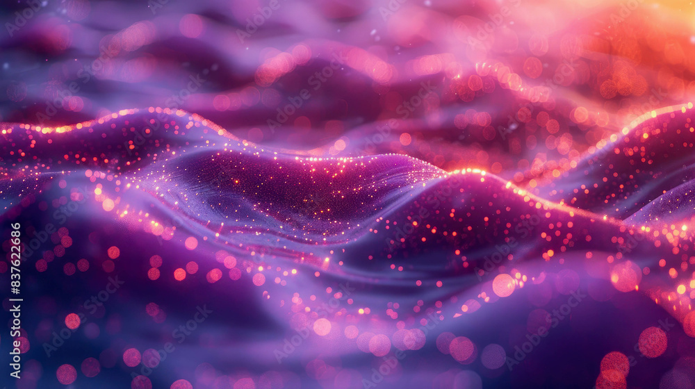 Poster an abstract purple wave background with glowing particles and lines. futuristic waves