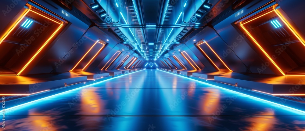 Poster futuristic corridor with neon lights and vibrant colors, creating a high-tech and modern visual effe