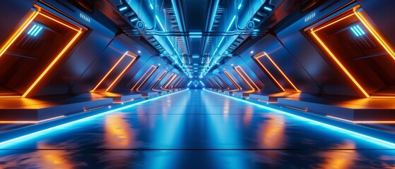 Futuristic Corridor With Neon Lights and vibrant colors, creating a high-tech and modern visual effect.