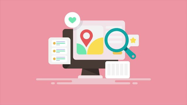 Search marketing data analytics business listing map ranking optimization SEO concept, video animation.