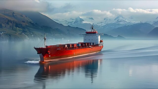 A fully loaded red cargo ship sails smoothly across tranquil waters. Concept Transportation, Cargo Shipping, Red Color, Ocean, Calm Waters