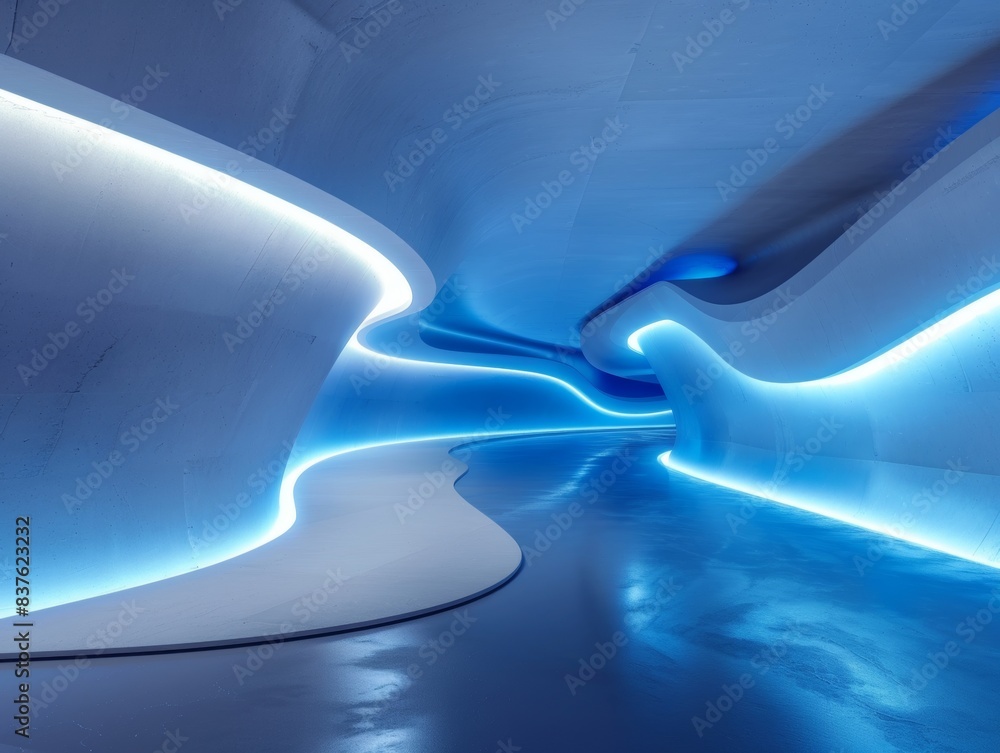 Poster modern blue tunnel with curved design and neon lights, creating a futuristic and sleek visual effect