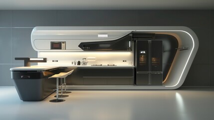 kitchen with a design that embraces innovation and sophistication, featuring high-tech appliances integrated into a minimalist interior