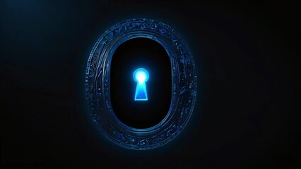 A glowing blue keyhole on a black background.