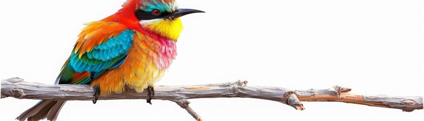 Obraz premium Colorful bird perched on a branch against a white background.