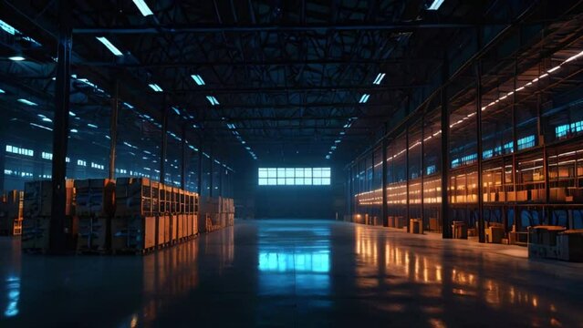 The video is of the inside of a large warehouse with a concrete floor and metal shelves stocked with boxes.