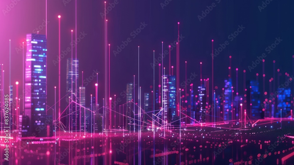 Poster smart city and abstract dot point connect with gradient line and aesthetic intricate wave line desig