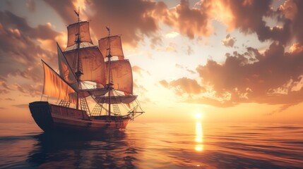 render of an old pirate ship sailing on ocean in the sunset