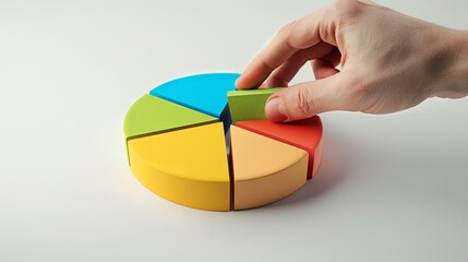 Fototapeta premium A hand is reaching into a pie chart, which is divided into five pieces