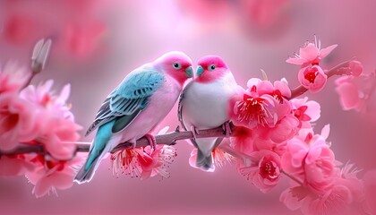Two birds are perched on a pink branch