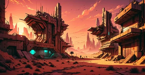 Wandcirkels Koraal cyberpunk desert wasteland city sunset. post apocalyptic sci-fi lo-fi town futuristic buildings and skyscrapers. landscape with mountains in horizon.  © Shane Sparrow