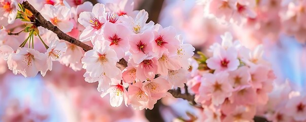 Fototapeta premium a close - up of pink and white flowers on a tree