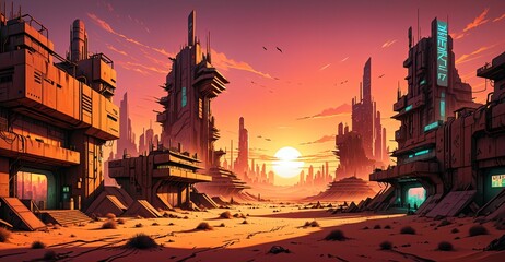 Naklejka premium cyberpunk desert wasteland city sunset. post apocalyptic sci-fi lo-fi town futuristic buildings and skyscrapers. landscape with mountains in horizon.